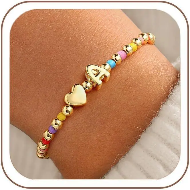 Colorful Beaded Initial Bracelets for Girls, Gifts for Girls  | Colorful Stretch Bracelets, Heart Initial Bracelet, Girls , Bracelets for Girls , Birthday Gifts for Teen Girl