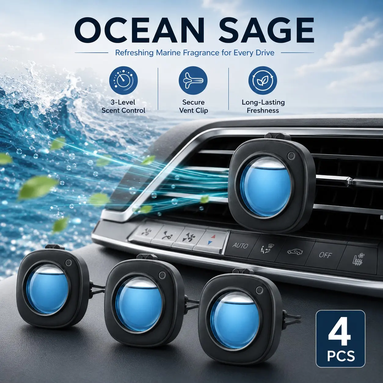 4 Pack Car Air Freshener Vent Clip, Ocean Sage Scent, Adjustable Fragrance, Long Lasting, Universal for Cars, Suvs & Trucks