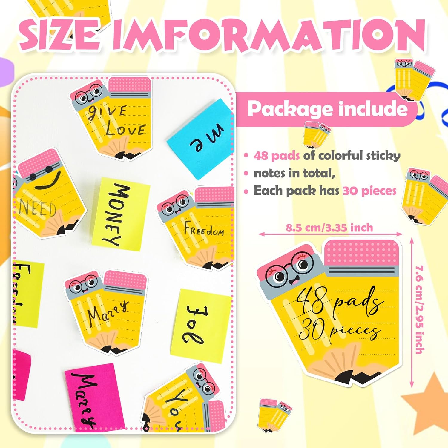 48 Pads 1440 Sheets Teachers Sticky Notes  to School Appreciation Gifts Self Adhesive Memo Pads Cute Gifts for  Students Classroom(Pencil 1)