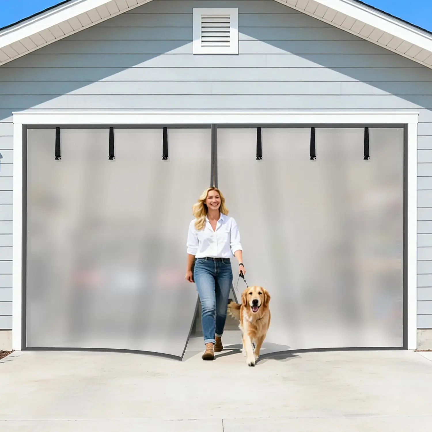 Garage Door Screen for 2  Garage 16x7FT, Blackout  Screen Door with Retractable Fiberglass Mesh&Heavy Duty Weighted Bottom, Easy Assembly&Pass for Garage/Patio-Sliver Grey