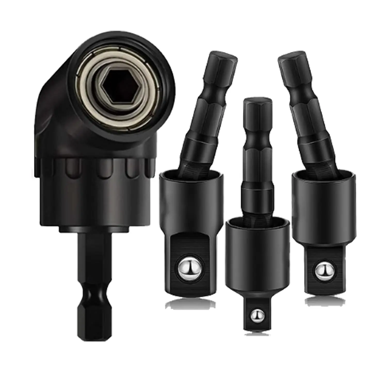 4-in-1  Drill Bit Extension Set with a 105° Angle  bit, Right Angle Drill Adaptor, and 360° rotatable Socket adapters for 1/4", 3/8", and 1/2" Sizes