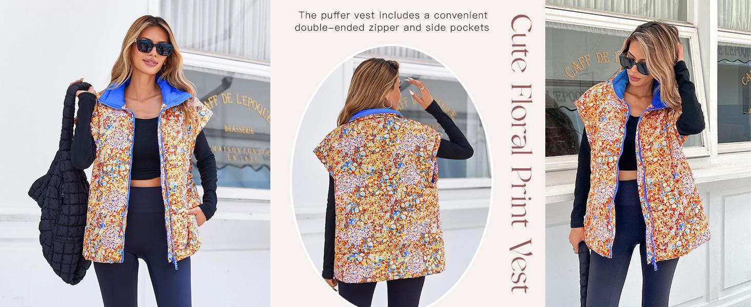 Imily Bela Womens Floral Oversized Puffer Vest Cap Sleeve Winter Warm Puffy Quilted Jackets Coa