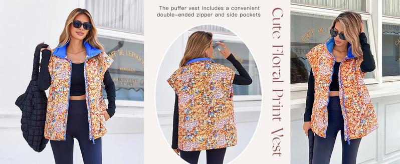 Imily Bela Womens Floral Oversized Puffer Vest Cap Sleeve Winter Warm Puffy Quilted Jackets Coa