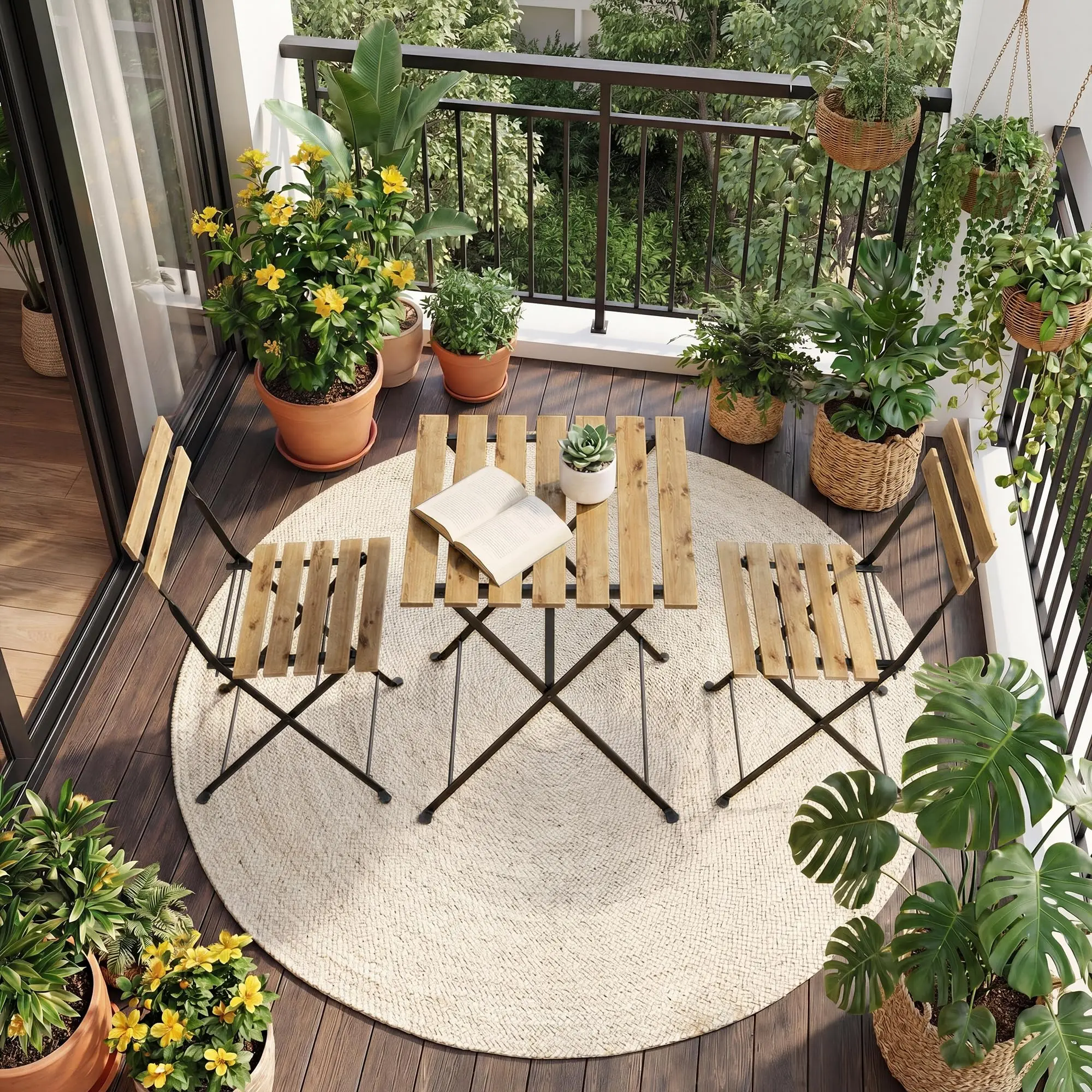 Outdoor Bistro Table & Chairs Foldable Set (Set of 2), Natural Finish, Space-Saving for Compact Spaces, Easy Storage