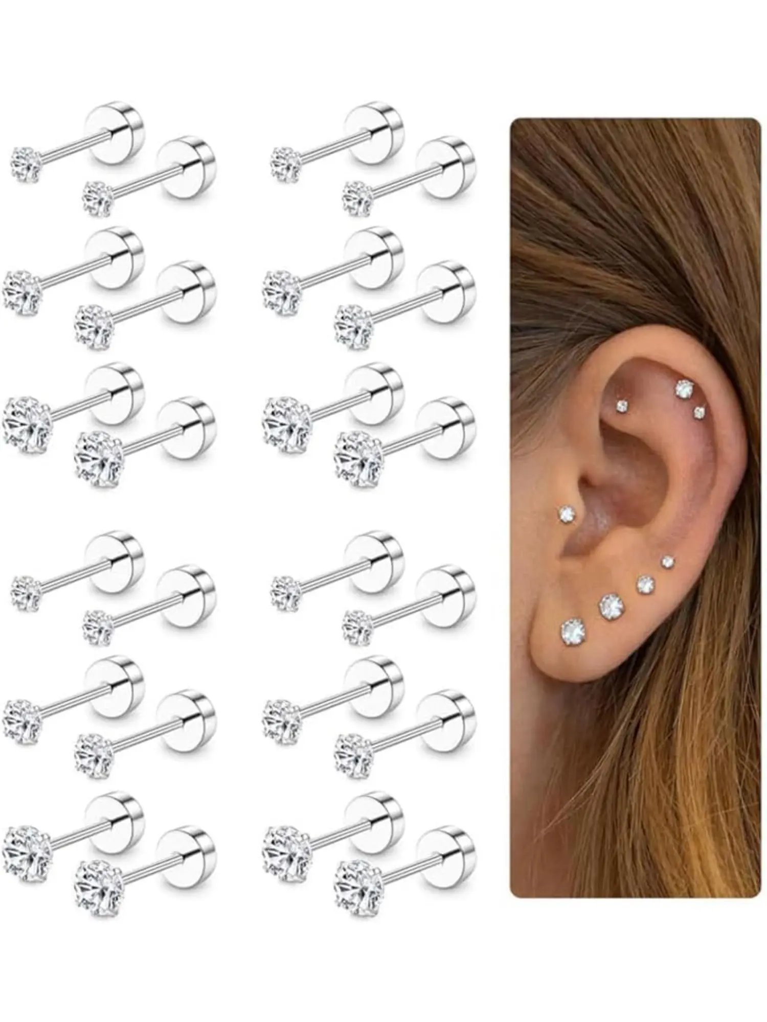 12 Pairs 20G CZ Stud Earrings for Women Men, Stainless Steel Screw Flat Back, Cartilage Helix, Earrings For Cartilage Piercing