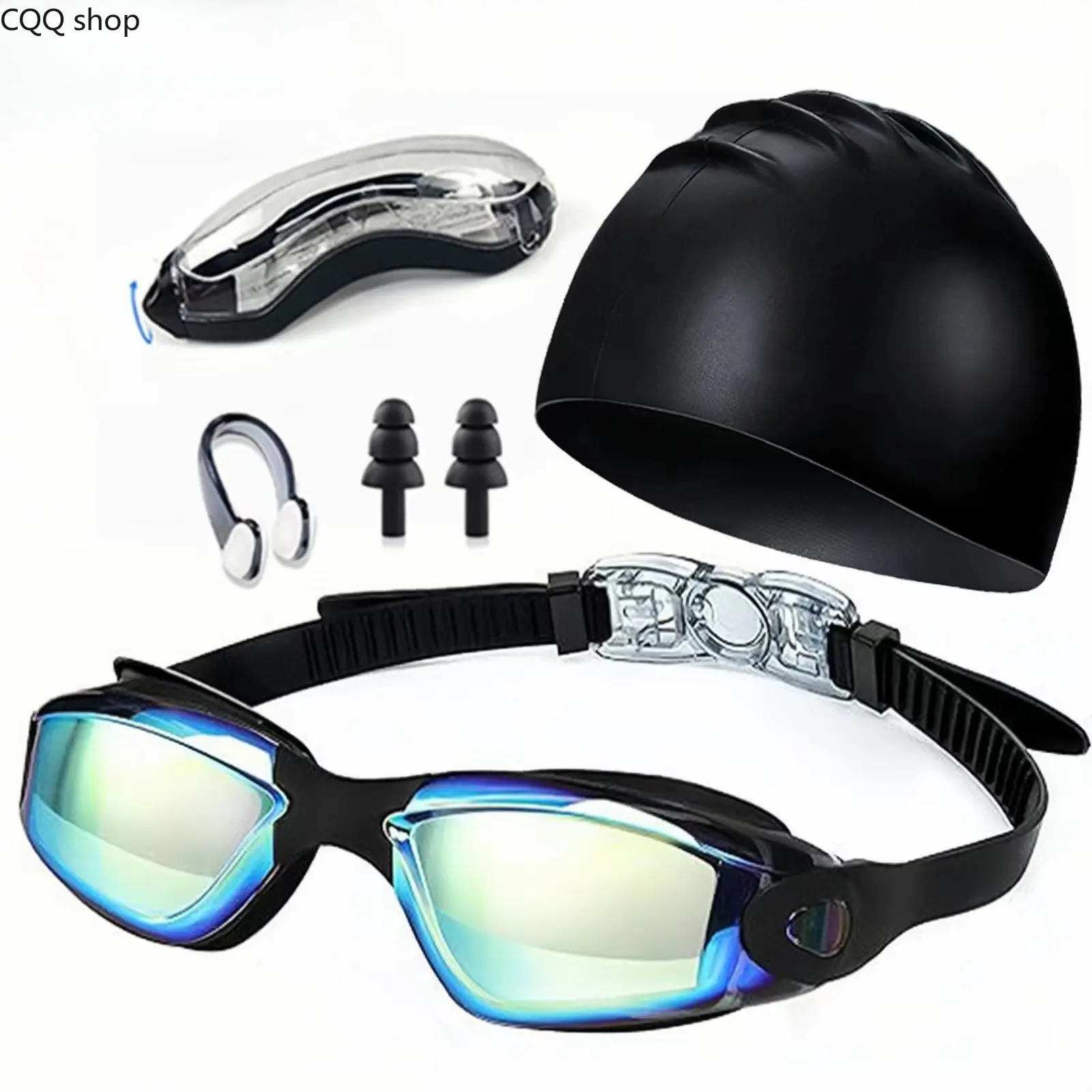 Adults Swim Goggles & Cap Set, Mirrored Anti-Fog Clear Lens Swimming Glasses with Nose Clip Ear Plugs, Waterproof Comfort Water Sports Accessories for Men Women Pool Beach Summer