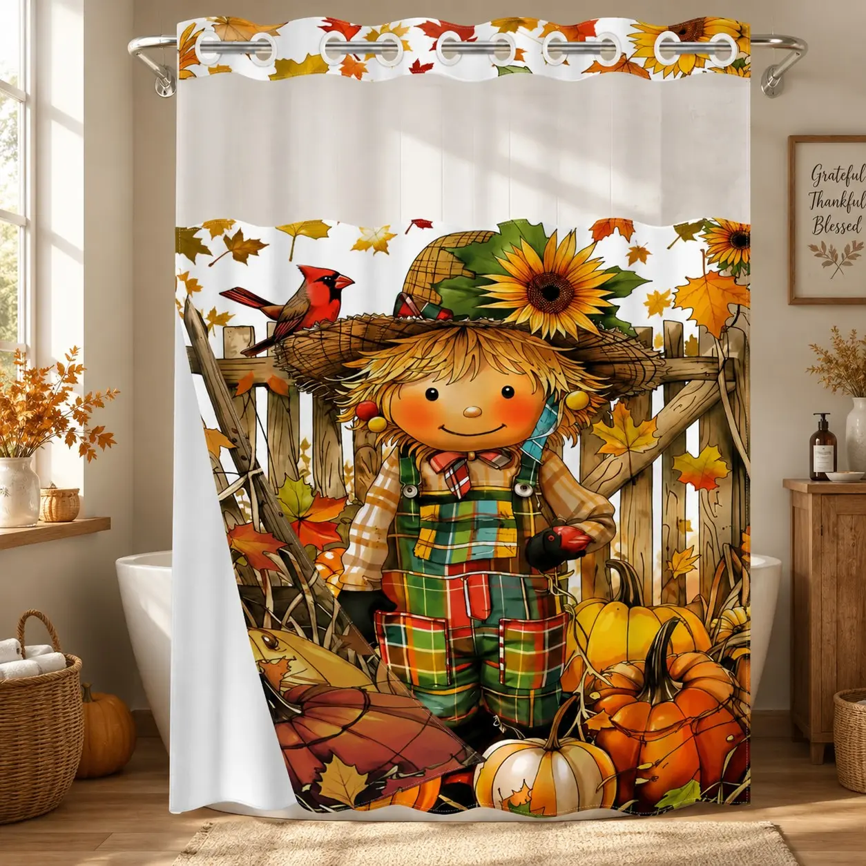1pc 2D Cute Scarecrow, Pumpkin, Sunflower & Cardinal Print Double-Layer Woven Shower Curtain, Hookless, Sheer Top Window, Detachable Snap-On White Liner, Rustic Farmhouse Decor for Fall & Thanksgiving
