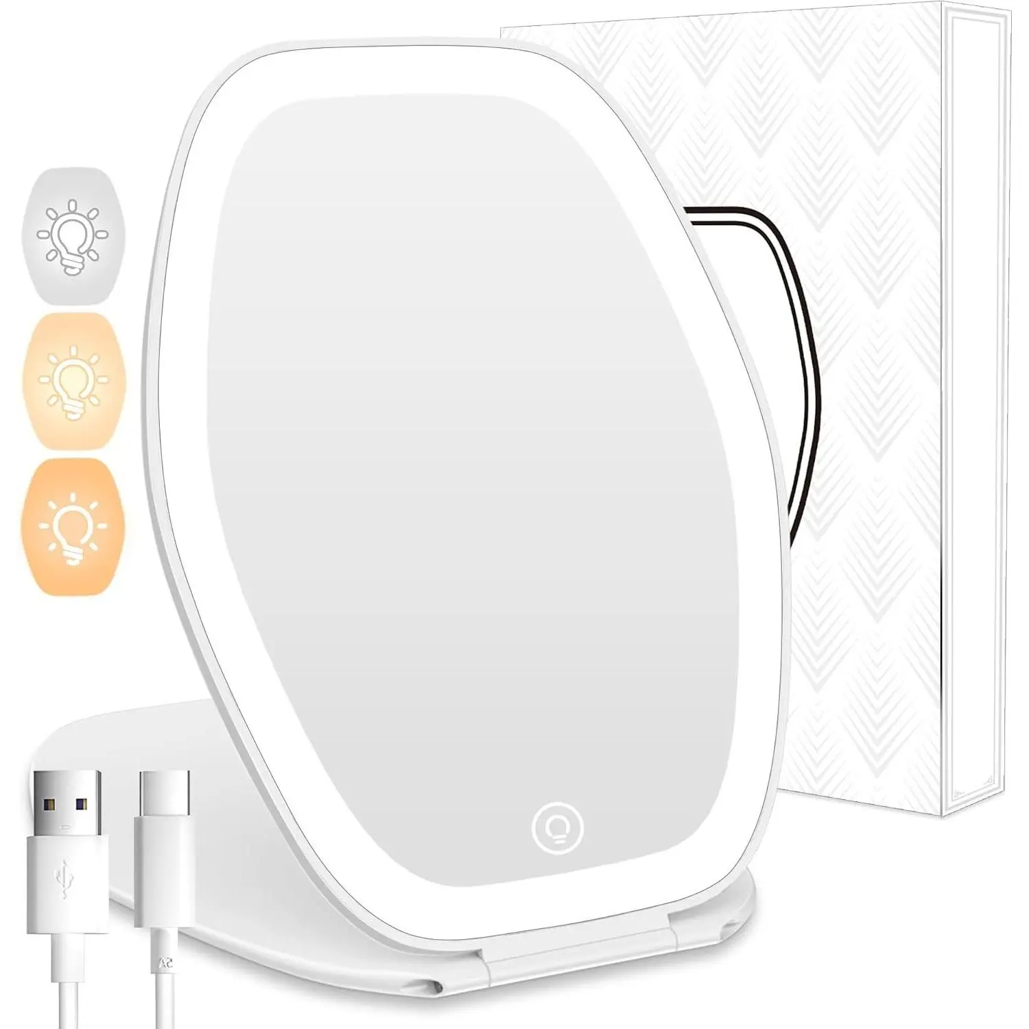 Portable Hexagon Travel Makeup Mirror with Light, 3 Color Lighting, Adjustable Brightness, Touch Screen, Rechargeable Vanity Mirror for Travel, Desk, Home (White)Gift