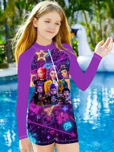 Girls' Summer One-Piece Swimsuit, Sleeve Gradient Print, Long Sleeve Beach Sun Protection, Half-Zip Swimwear for Vacation