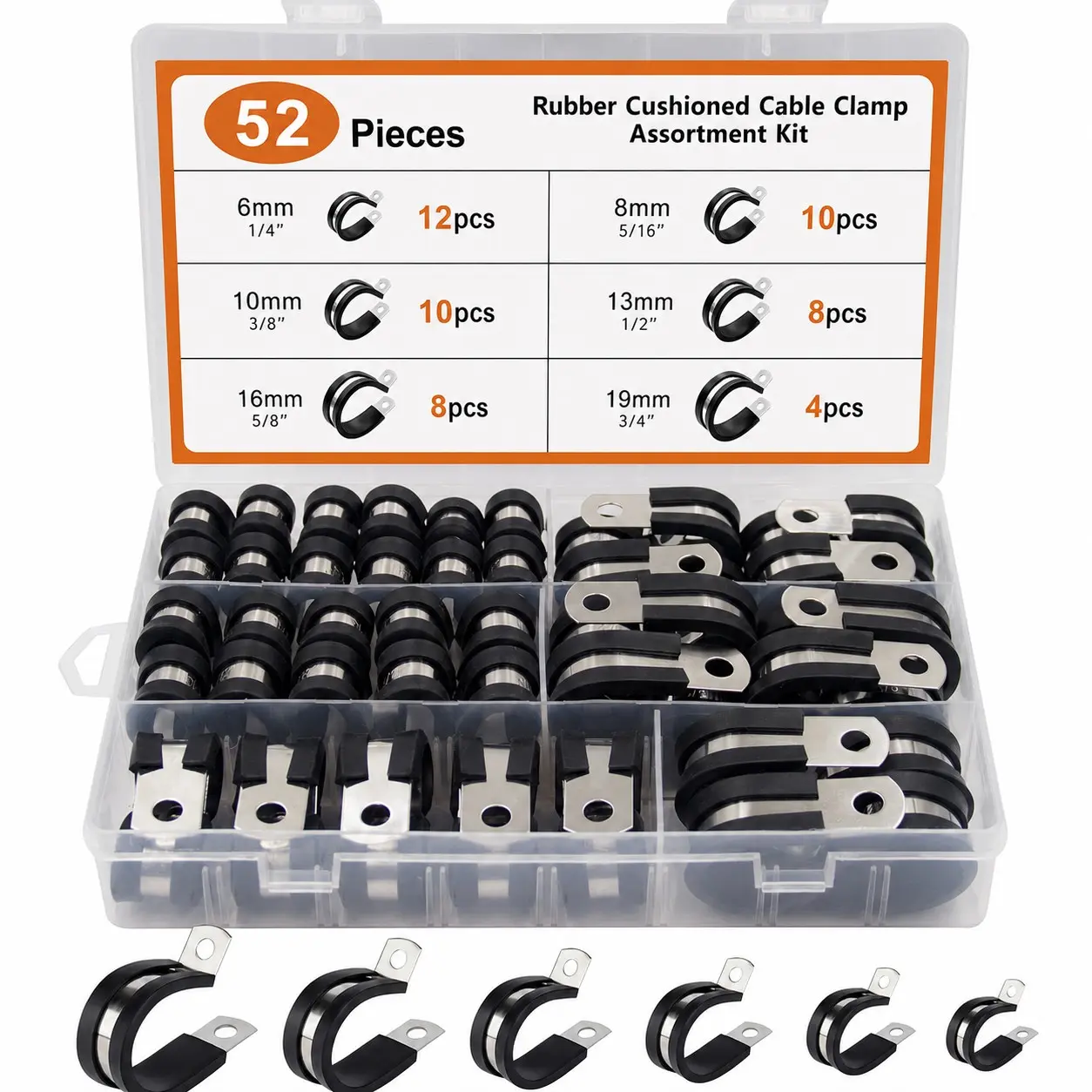 52-Piece Cable Clamp Set, 304 Stainless Steel Rubber Buffer Tube Clamps, 6 Sizes: 6mm-19mm, for Fuel, Water, Air, Wire Fixing