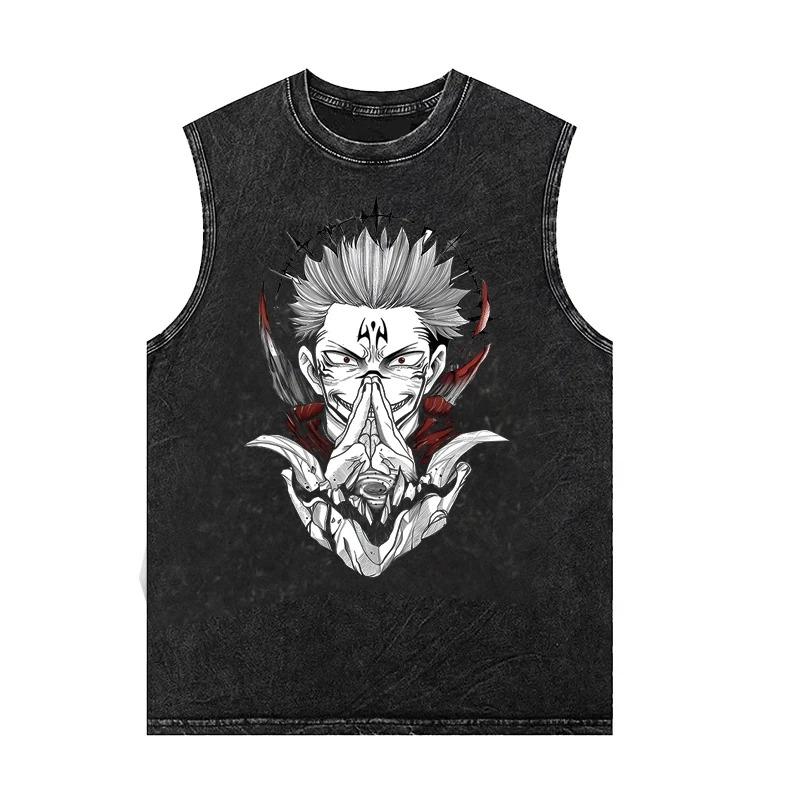 Men's Tank Tops Anime Gojo Jujutsu Man Sleeveless Shirt Summer New Women's Oversized Vintage Washed Vest Gym T Shirt Y2k Clothes