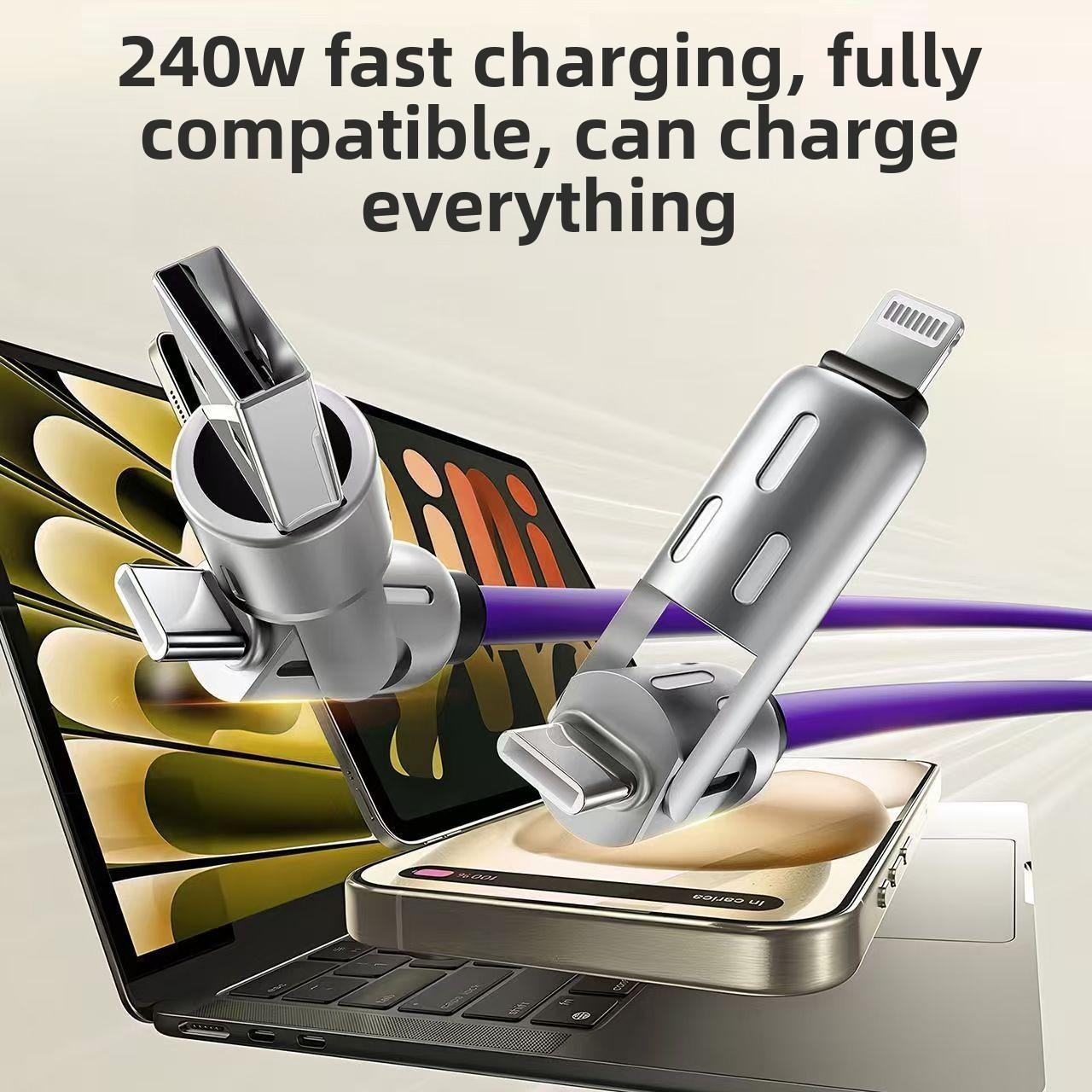 240W 4-in-1 Fast Charging Cable with LED Light, Multi Charger Cord with USB C/Lightning, Super Fast Charge Compatible with iPhone 17 16 Pro, Samsung, MacBook