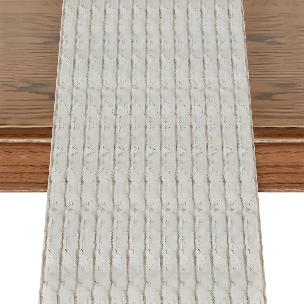 Cream Color Wavy Texture Polyester Table Cover, Tablecloth, Holiday Table Runner, Home Kitchen Outdoor Party Restaurant Decor, Anniversary Wedding Decoration