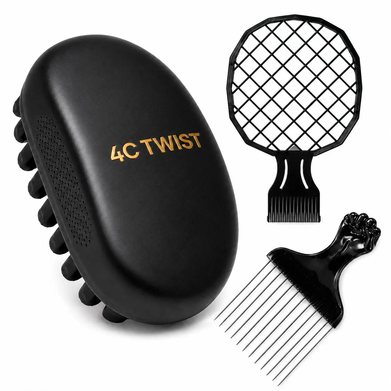 4C Twist Hair Sponge Brush Set with Afro Pick Comb & Twist Styling Comb, Curl Coil Sponge for Natural Afro Textured Hair, Locs, Dreads & Waves, Lightweight Barber Styling Tool Kit for Men’s Daily Hair Grooming