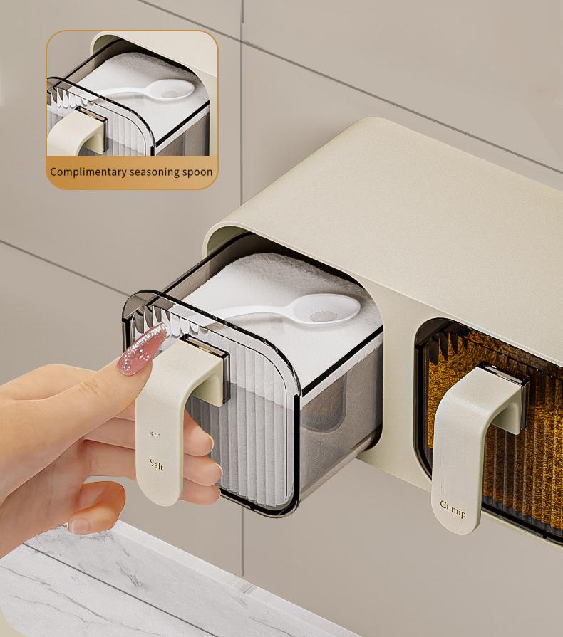 Wall-Mounted Integrated Multi-Compartment Spice Box Set Kitchen Household Moisture-Proof Storage Salt MSG Plastic Jar Organizer