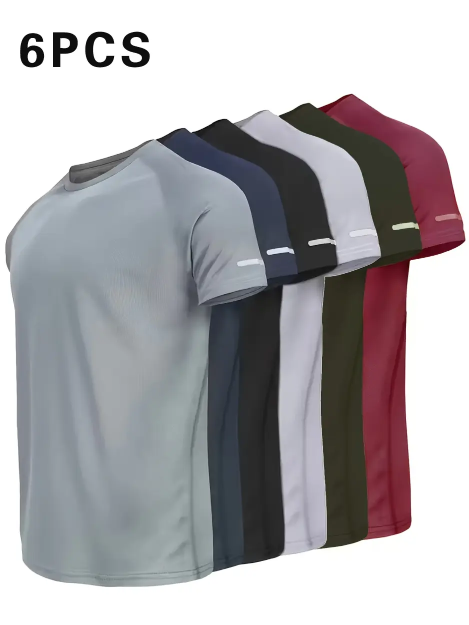 Men's 6-Pack Athletic T-Shirts, Quick-Dry Polyester Crew Neck with Reflective Strips for Sports & Running