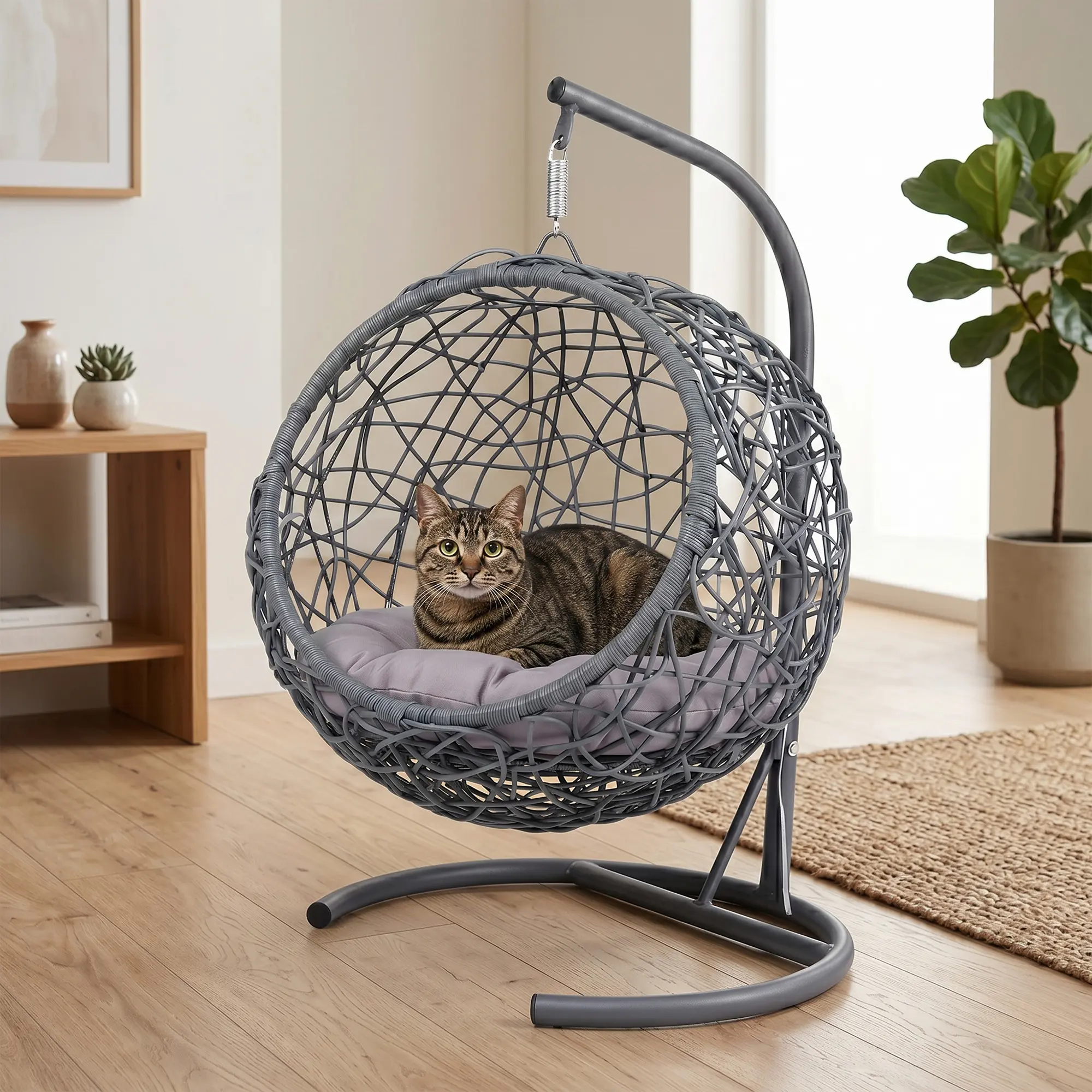 Cat Swing Bed with Stand & Cushion, Rattan-Style Indoor Egg Chair for Cats & Small Dogs