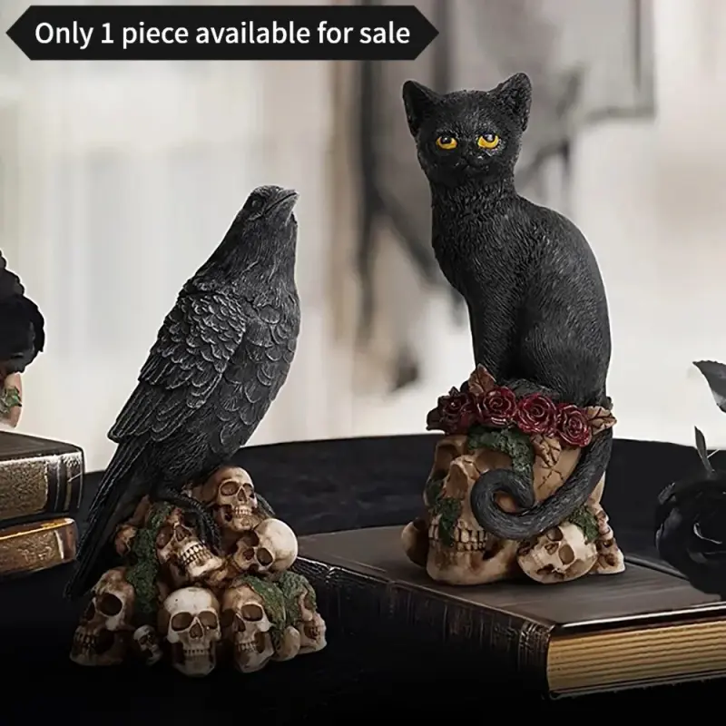 Vintage Mossy Skull Crow Sculpture Black Raven Figurine Horror Halloween Party Prop Witchy Gothic Home Desktop Decor Collectible Resin Ornament Gift Gothic Raven Statue