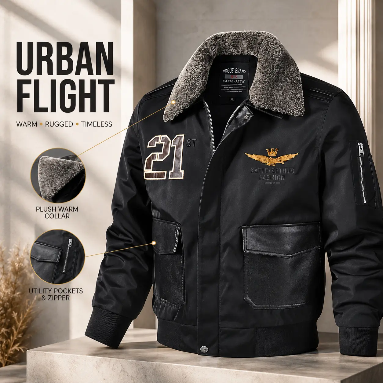 Men's Vintage Aviator Flight Jacket, Faux Fur Collar Embroidered PU Bomber Coat