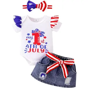 My 1st 4th of July Baby Girl Outfit, 3-Piece Letter Print Romper, American Flag Tutu Skirt and Headband Set for Infants 0-18 Months, Baby Clothing