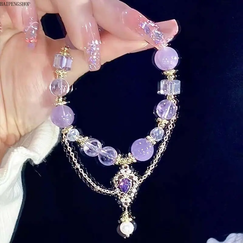 Women's Light Luxury Multi-Layer Purple Glass Bead Bracelet Set - Inlaid with Sparkling Crystals, Stylish Butterfly Tassel Charm, Stackable Costume Wrist Jewelry for Daily Wear, Dating & Holiday Gift