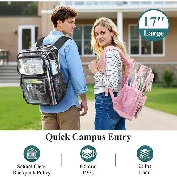 Clear Backpack for School - 17 inch Large Heavy Duty Bookbag, Reinforced See Through PVC Transparent Backpack