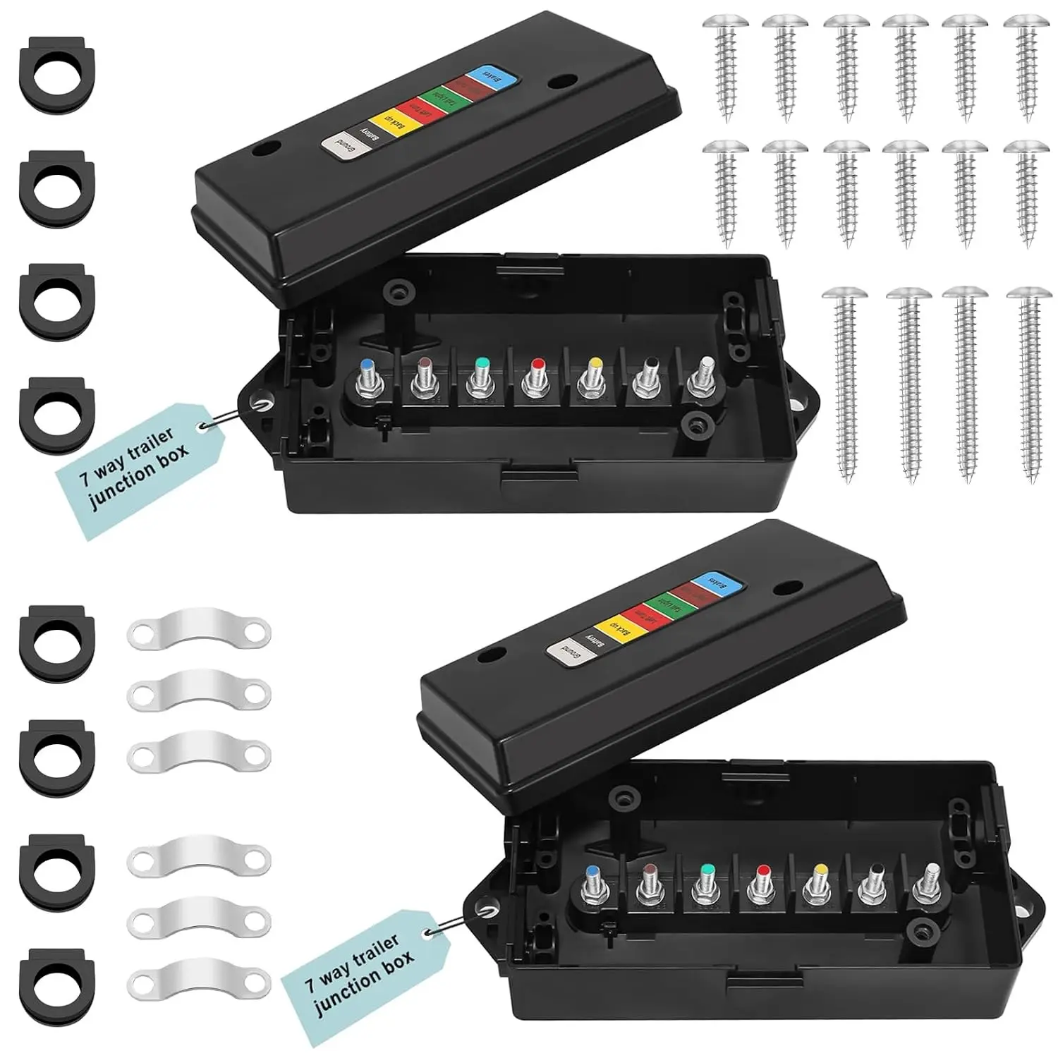 2 Set 7 Way Trailer Junction Box Weatherproof 7 Gang Color Coded Solid Studs 7 Pole Waterproof for RV Camper Caravans Boat Rewiring Black