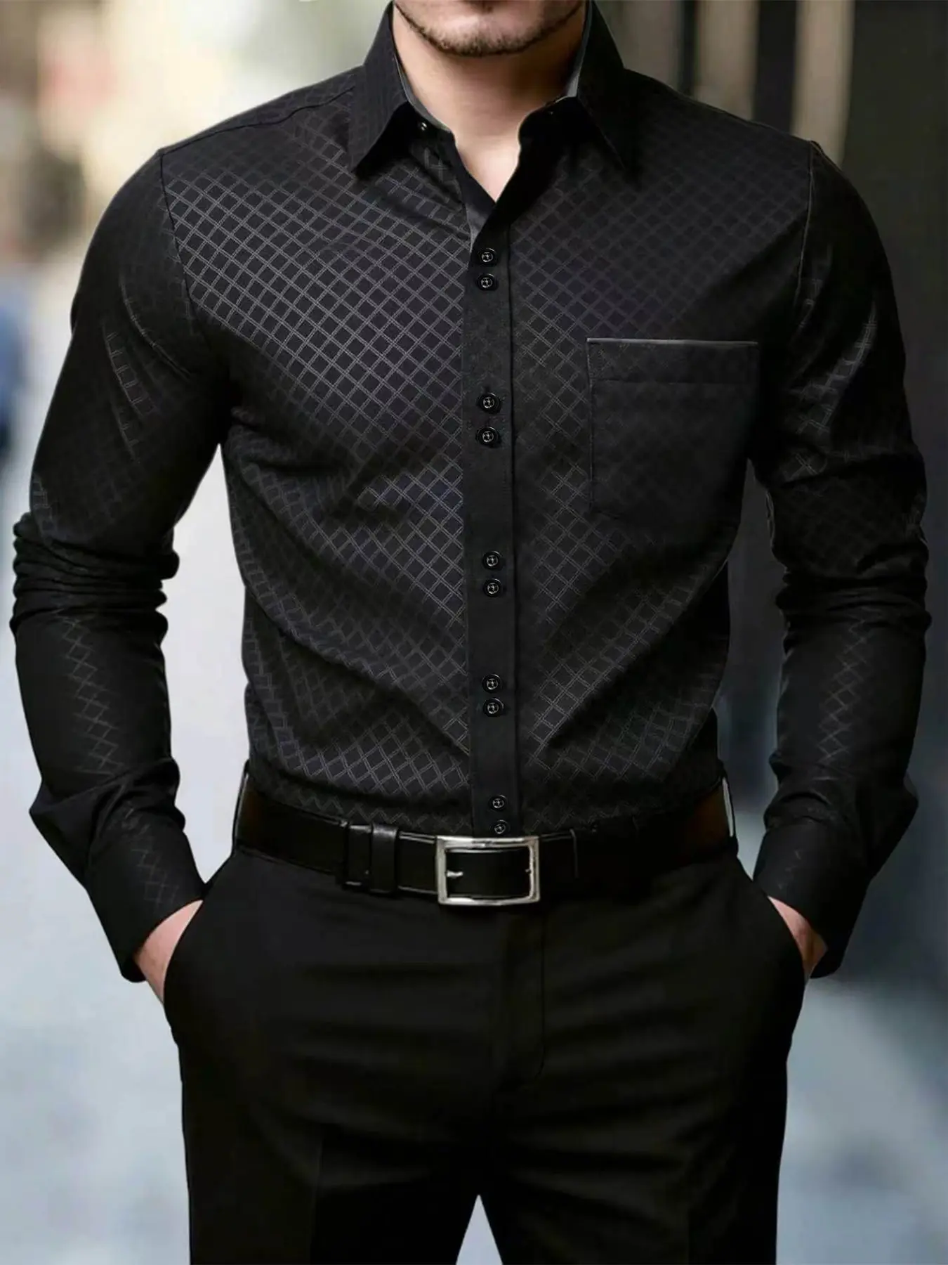 Men's Small Rhombus Pattern Blouse, Casual Fitted Top, Geometric Design, All Seasons Wear, Unlined, No Zipper, Full Placket