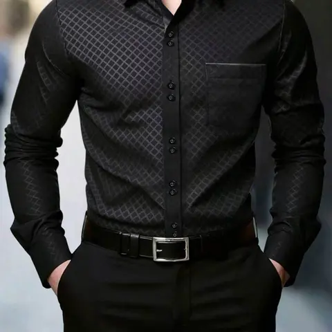 Men's Small Rhombus Pattern Blouse, Casual Fitted Top, Long Sleeve, Geometric Design, All Seasons Wear, Unlined, No Zipper, Full Placket