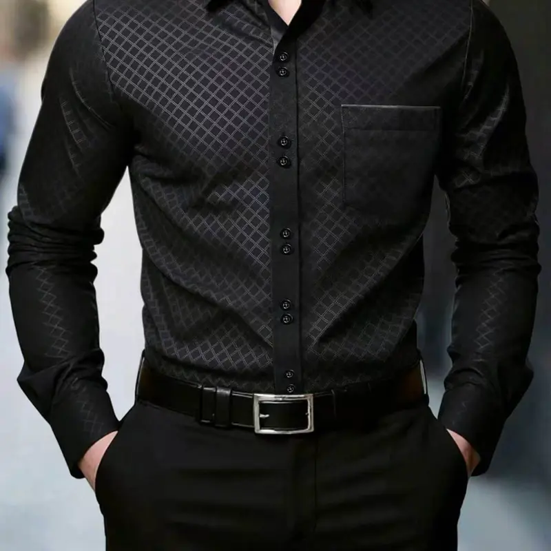 Men's Small Rhombus Pattern Blouse, Casual Fitted Top, Long Sleeve, Geometric Design, All Seasons Wear, Unlined, No Zipper, Full Placket
