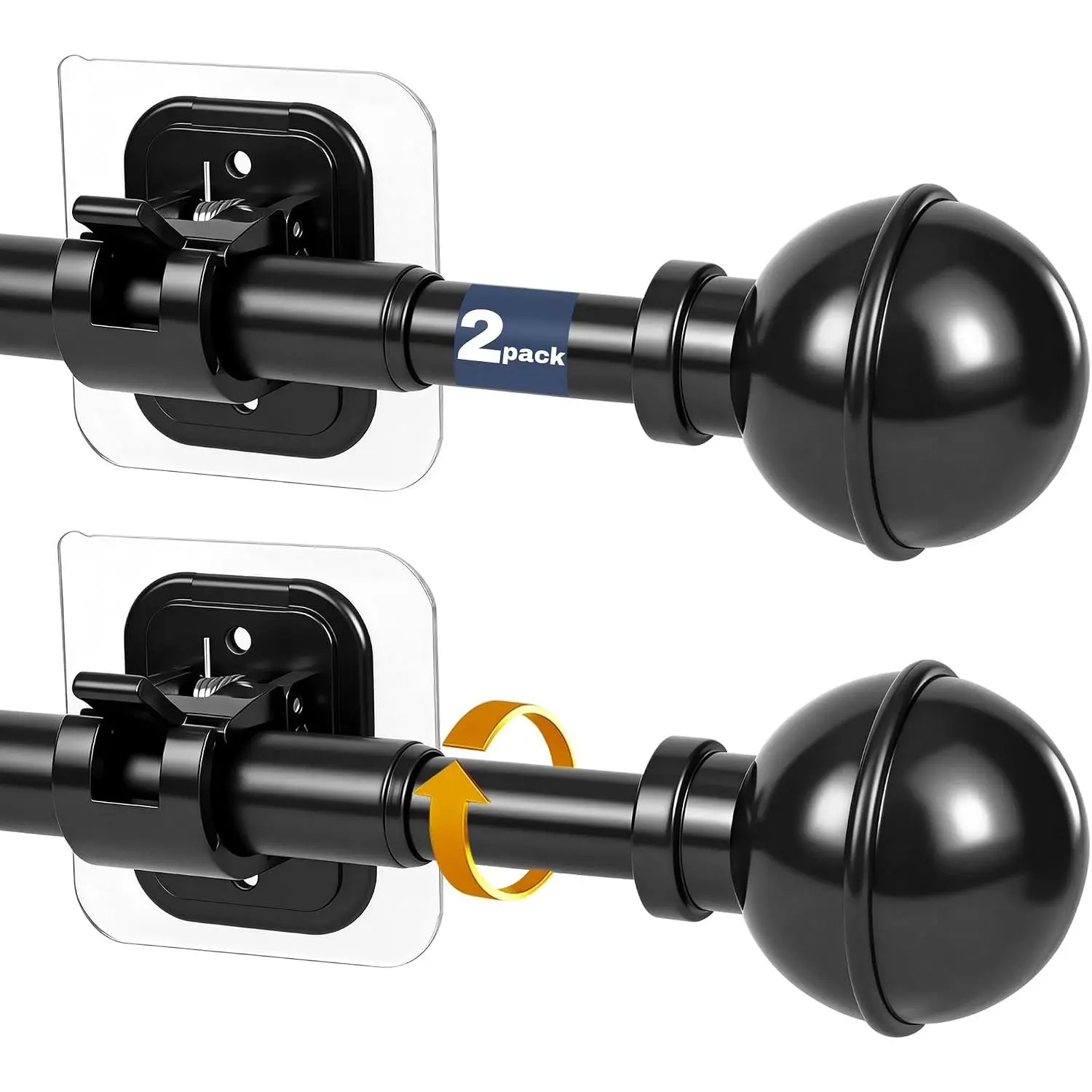 2 Pack Adhesive Curtain Rod No Drilling for Renter 27 to 56 Inch Adjustable | Easy Tool-Free Installation, No Drill, Non Screw, Stick  Apartment Friendly Poles with Screwless Bracket Holder Hook, Black