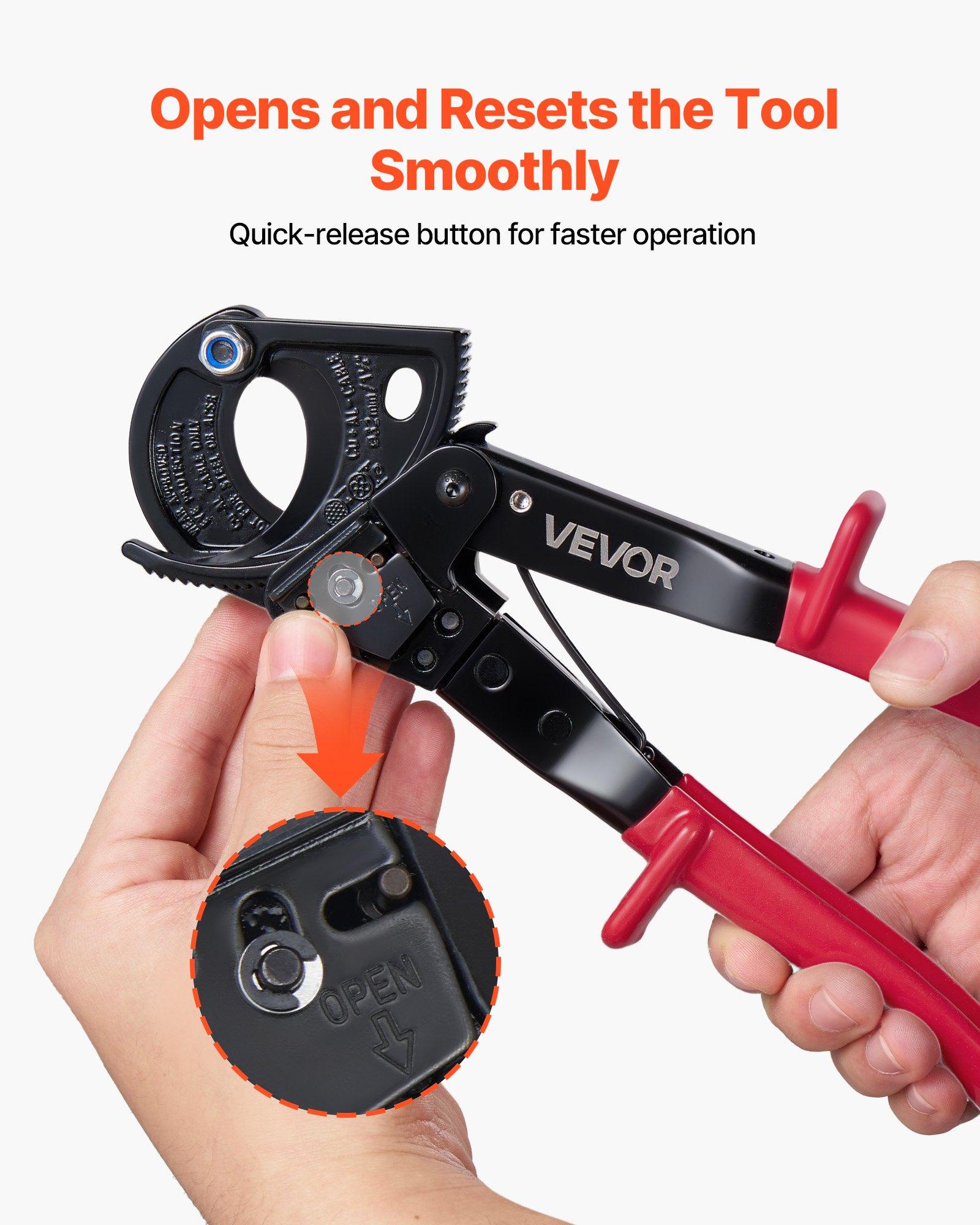 VEVOR Ratcheting Cable Cutter, Spring Steel Blades with PVC-Coated Handles, Quick-Release Button, Heavy Duty Ratchet Cable Wire Cutter for Cutting Copper & Aluminum Cables Up to 474 MCM / 240 mm² VEVOR Ratcheting Cable Cutter, Spring Steel Blades with PVC-Coated Handles, Quick-Release Button, Heavy Duty Ratchet Cable Wire Cutter for Cutting Copper & Aluminum Cables Up to 474 MCM / 240 mm²