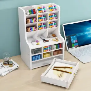 Desktop Slant Pen Organizer, Solves Desk Stationery Clutter & Access Issues, Ideal for Office, Desk & Study, Eco-friendly Board with Divided Compartments & Drawer, Large Capacity Multi-functional Pen Holder Storage Box