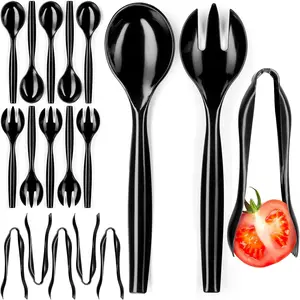 Disposable Plastic Serving Set - 18 Black Utensils, 6" Tongs, 10 Spoons, 10 Forks, Buffet & Party Use
