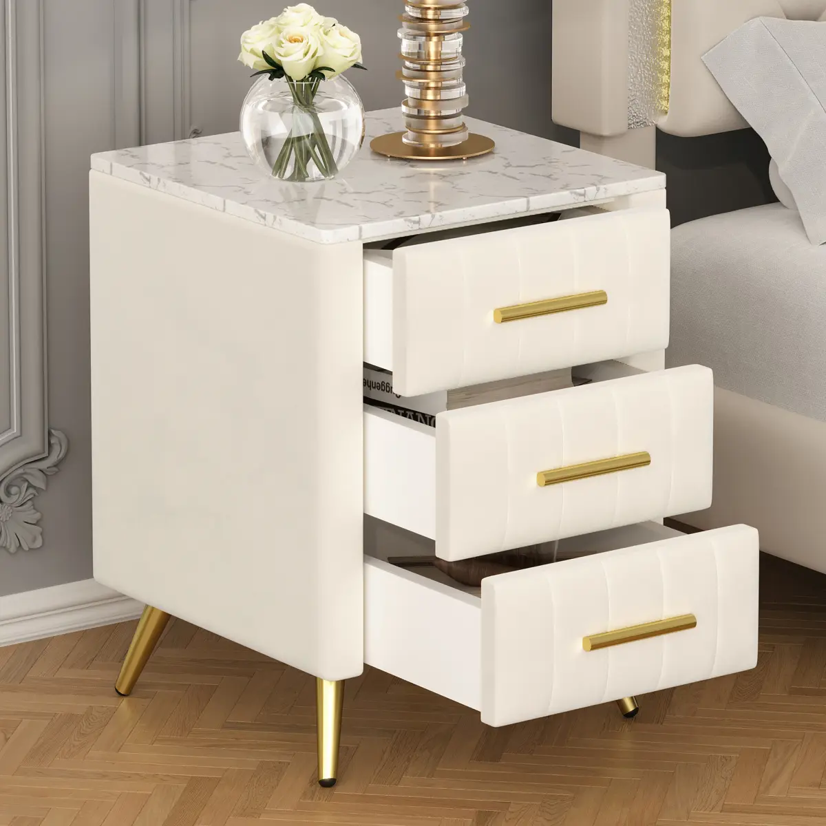 Upholstered Wooden Nightstand with 3 Drawers and Metal Legs&Handles, Bedside Table with Marbling Stickers Worktop - Beige,Velvet Nightstand with Marble Top, Large Storage Space