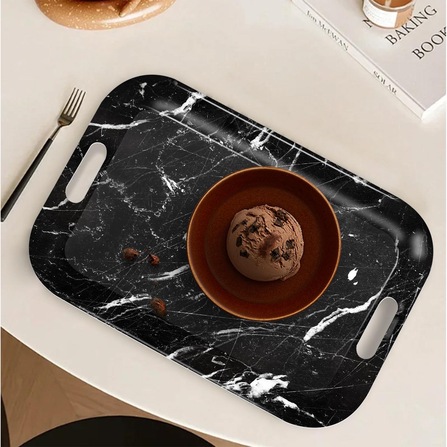 Modern Rectangular Serving Tray - Elegant Black Marble-like pattern, Lightweight & Easy-Clean Surface, Sturdy Melamine Construction for Kitchen, Dining, Office, Party - Decorative Table Tray with Grip, Home Entertaining, Contemporary Design, Highquality