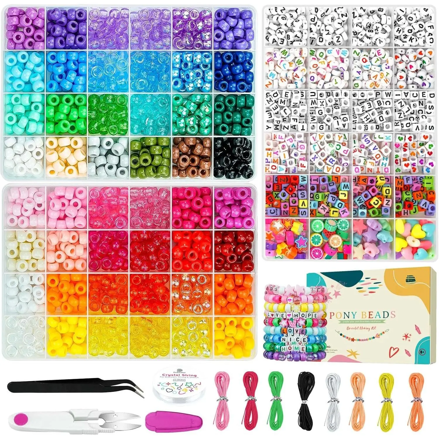 Friendship Bracelet Making Kit, Pony Kandi Beads & 11 Different Beads, 8 Colors Nylon Thread, DIY  & Craft Gifts, Synthetic, 6Mm Height