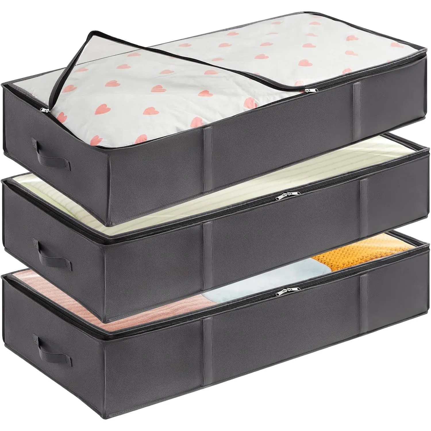 95L 3 Pack Under Bed Storage Containers, Large Capacity Blanket Storage Bags with Reinforced Handle, Organization and Storage for Comforters, Sheets, Clothes, Bedroom, College Dorm, Grey