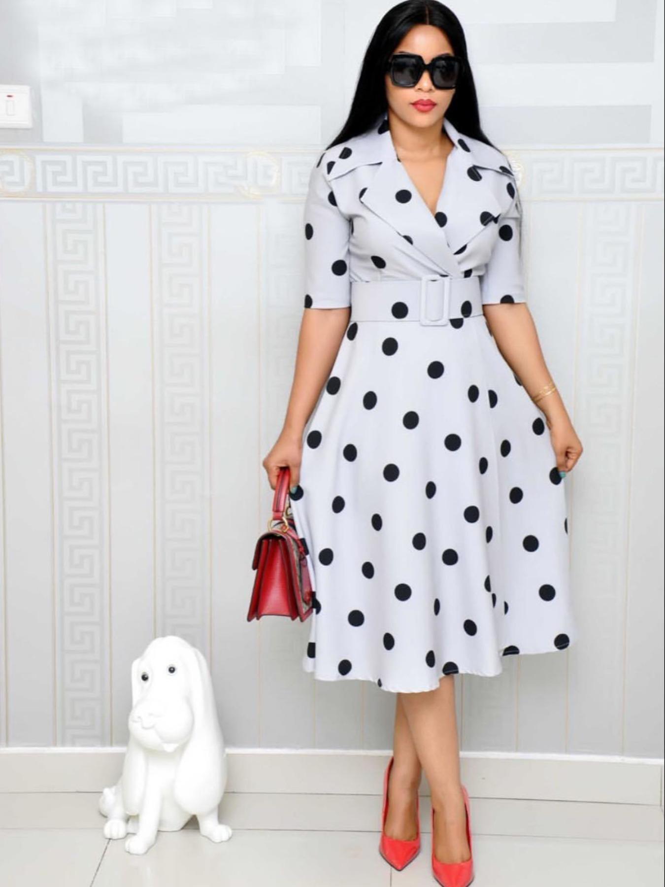 Elegant Chic Women's Midi Dress with Belt, Polka Dot Pattern, Short Sleeve, Fitted Design for Fall Style Elegant Chic Women's Midi Dress with Belt, Polka Dot Pattern, Short Sleeve, Fitted Design for Fall Style