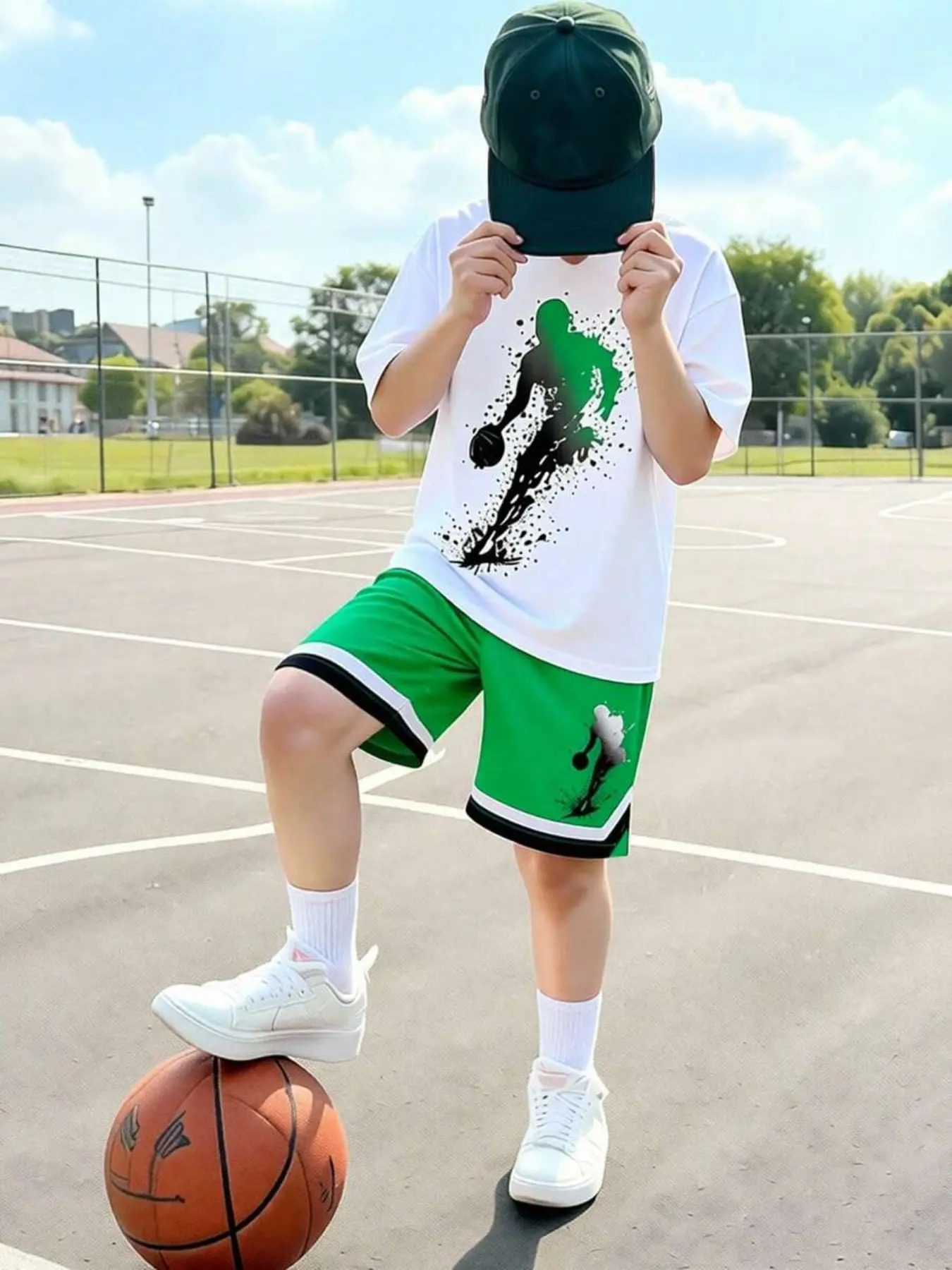 Boys' Basketball Shadow Short Sleeve Shorts Set, Casual Slim Fit, All over Print, Ideal for Sports, Outdoor Activities, Home Leisure