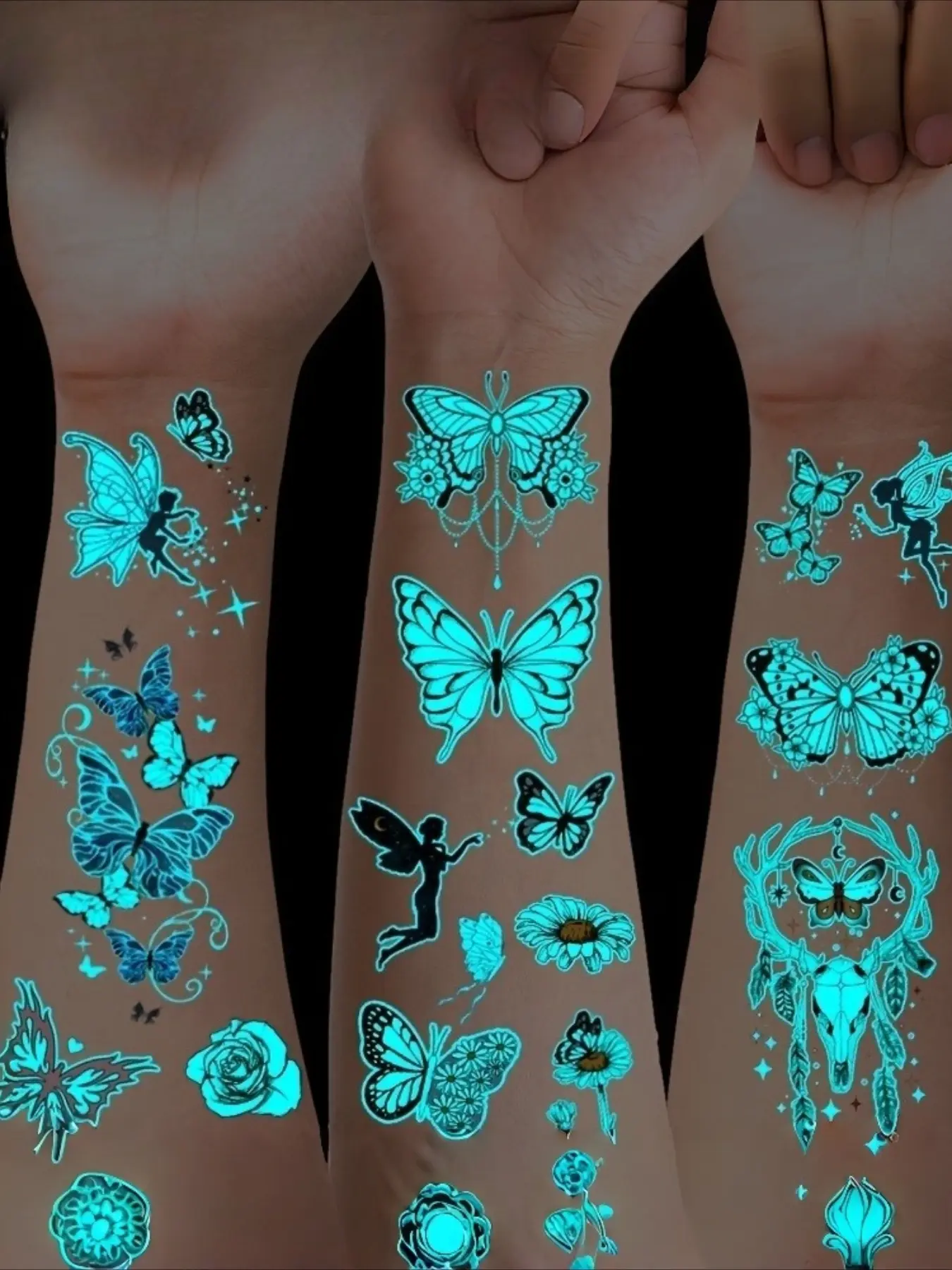 Luminous Blue Glow-In-The-Dark Butterfly & Flower Temporary Tattoos, 12 Sheets Waterproof Fake Tattoo Stickers for Parties