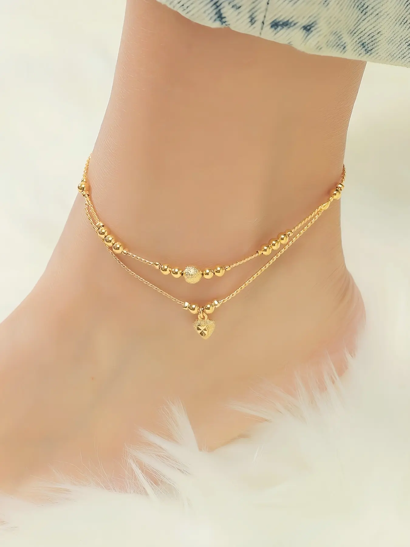 Golden double line heart-shaped tassel ankle chain bell, Foot jewelry, women's ankle chain, Ramadan gift, holiday style, perfect for delicate gifts for girlfriends and friends, perfect for Valentine's Day and weddings, beach vacations, Anklets