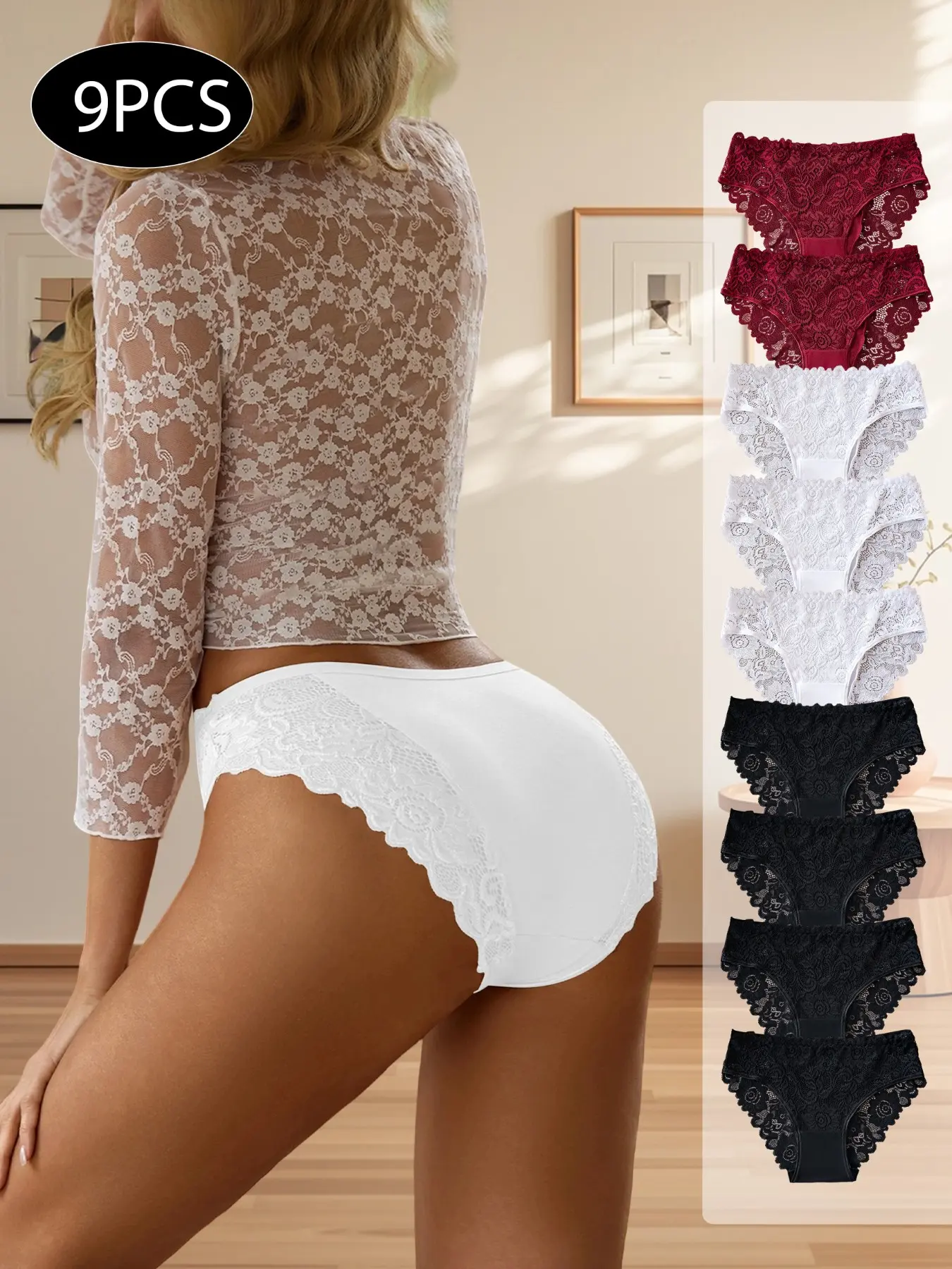 9pcs French Lace Underwear Set, Elegant Breathable High-Elastic Slim Fit, Three Colors for Monthly Wear, Casual All-Seasons Comfort