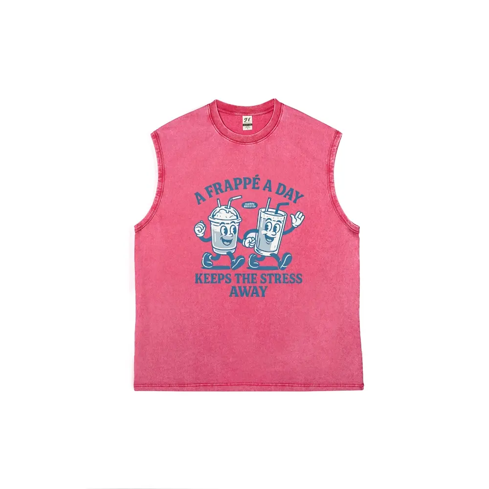 Vintage Acid Washed Sleeveless Cut Off Muscle Tank Top Unisex Retro Cartoon Frappe Cup Mascot A Frappe A Day Keeps The Stress Away Graphic Casual Coffee Lover Streetwear Gym Tank Shirt Multiple Colors Available