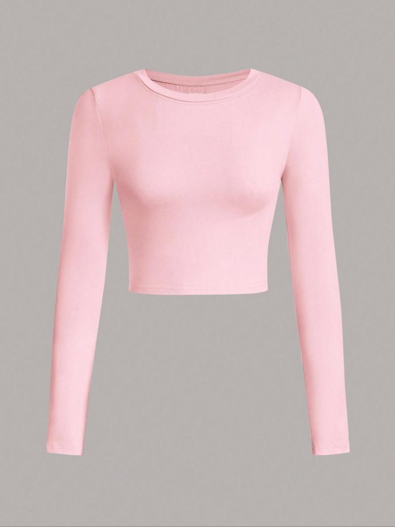 Women's Solid Long Sleeve Round Neck Crop Tee, Casual Crew Neck T-shirt for Daily Wear, Ladies Clothes for All Seasons, Casual Fashionable Top