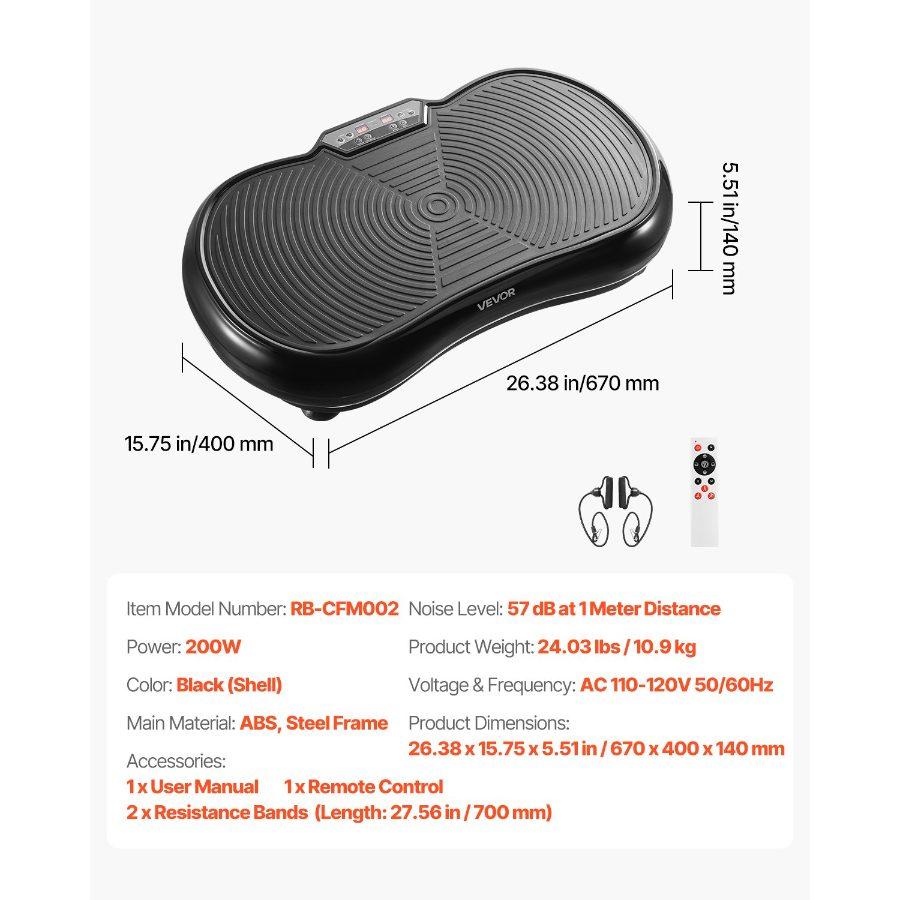 VEVOR Vibration Plate Exercise Machine, Whole Body Shaker for Lymphatic Drainage and Weight Loss, Home Workout Gym Fitness Equipment with 2 Resistance Bands, Vibrating Platform for Women Men, Black