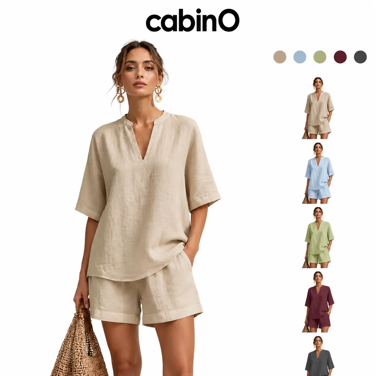 Cabino Women’s Beige Woven Two-Piece Shorts Set, Solid V-Neck Three-Quarter-Sleeve Loose Tunic Top and Relaxed Shorts with Pockets for Spring Summer, Vacation, Resort, Travel and Casual Wear