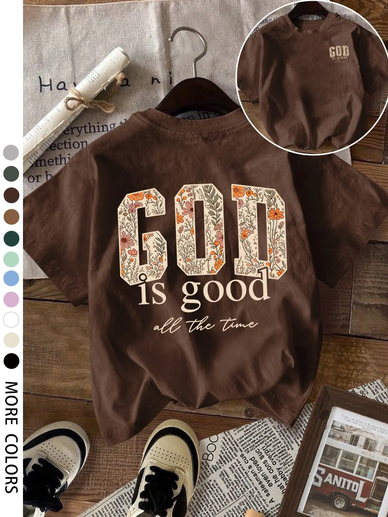 Women's Loose Fit Casual Round Neck Short Sleeve T-Shirt, Round Neck Tees, Boho T Shirts, God Letter Floral Print, Soft Breathable Fabric, Perfect Summer Top