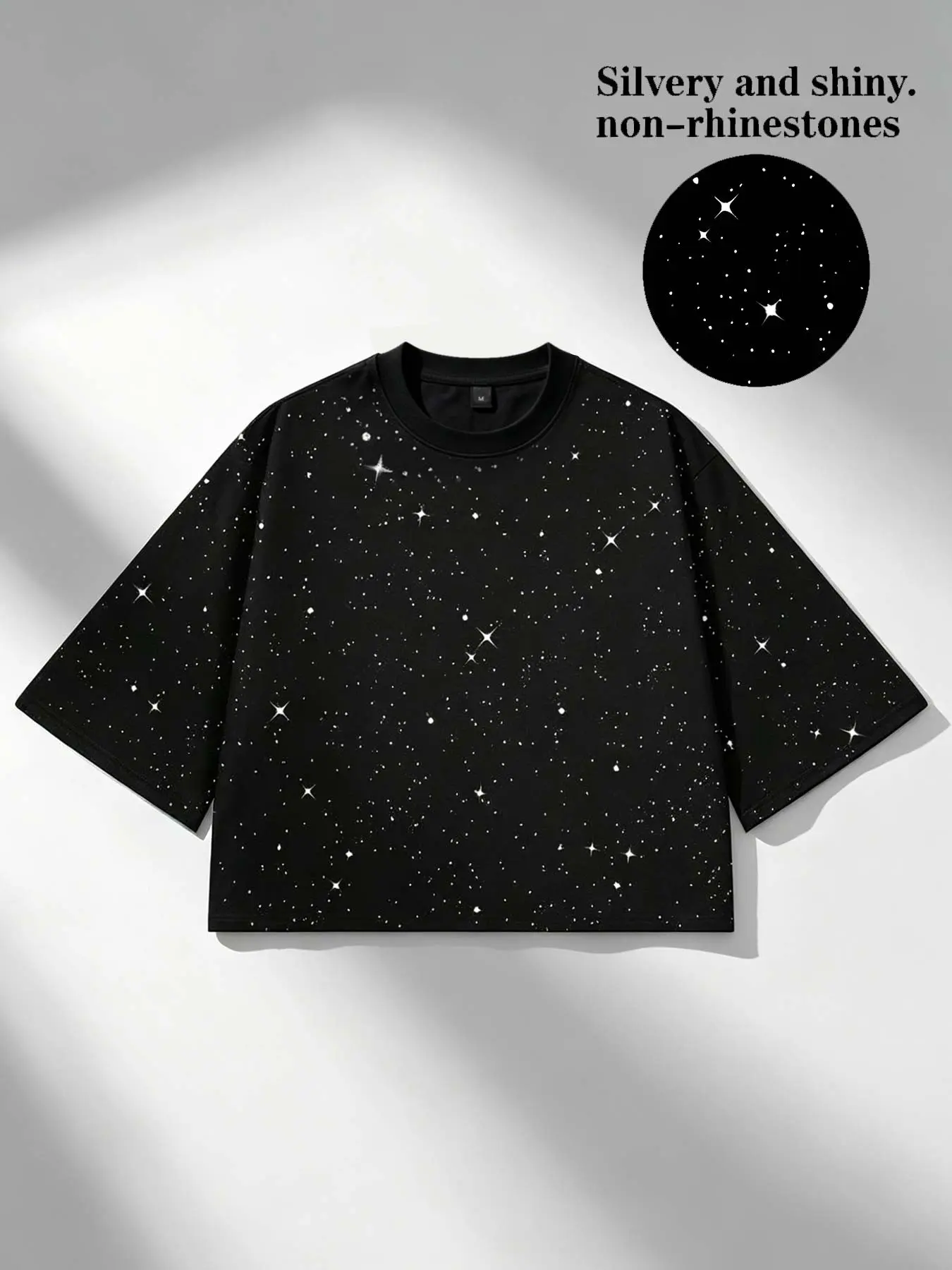 Glittering silver street fashion brand Gypsophila three-quarter sleeve long-sleeved men's T-shirt round neck short bell sleeve spring and autumn sweatshirt T-shirt for women, all-over starry sky glitter men's long-sleeved T-shirt loose casual street fashi