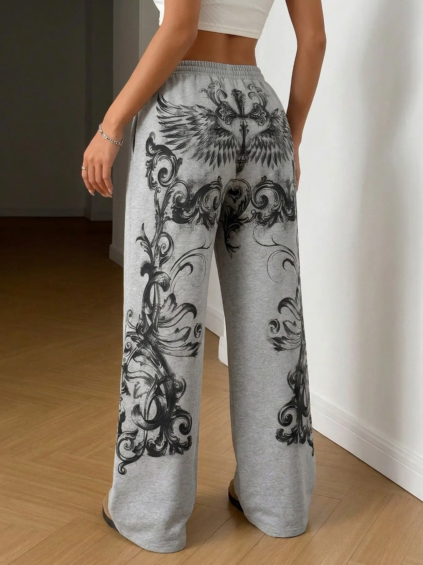 Women's Gothic Wing Cross Print Wide Leg Baggy Sweatpants, Y2K Casual Pants for Women, Elastic Waist Loose Streetwear Trousers, Fashion Joggers for Daily Outfit, 2026 Trendy Dark Aesthetic Bottoms